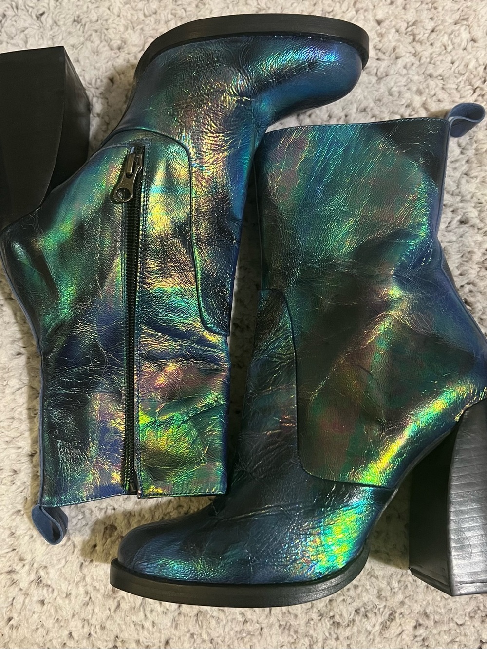 L'INTERVALLE Metallic Blue-Green Ankle Boots with Block Heel - Picture 2 of 7